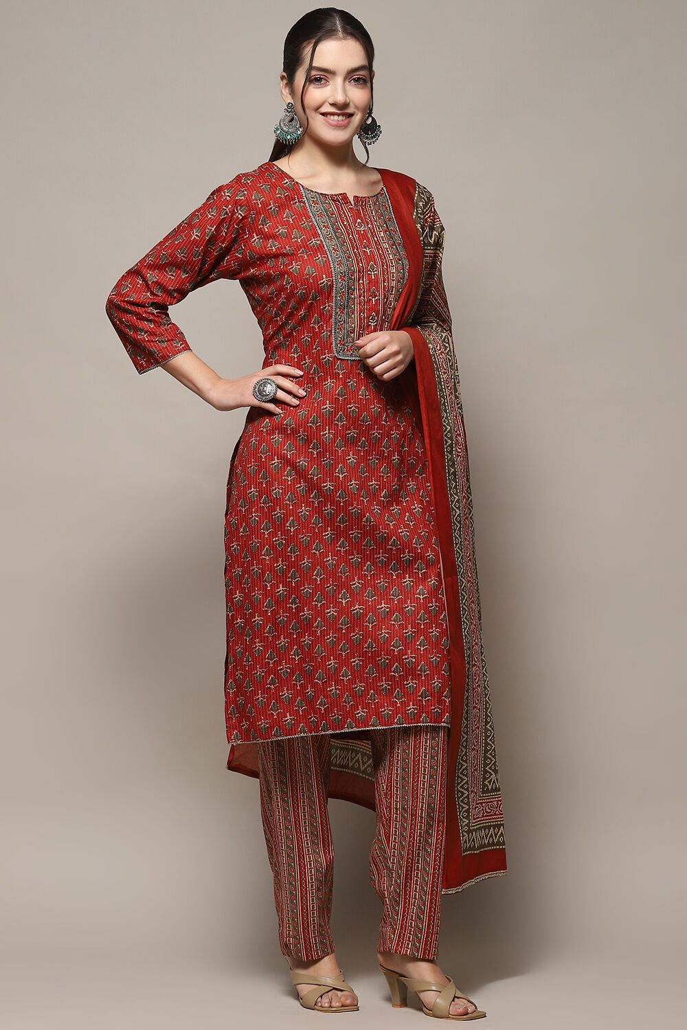 Red Cotton Unstitched Suit set image number 7