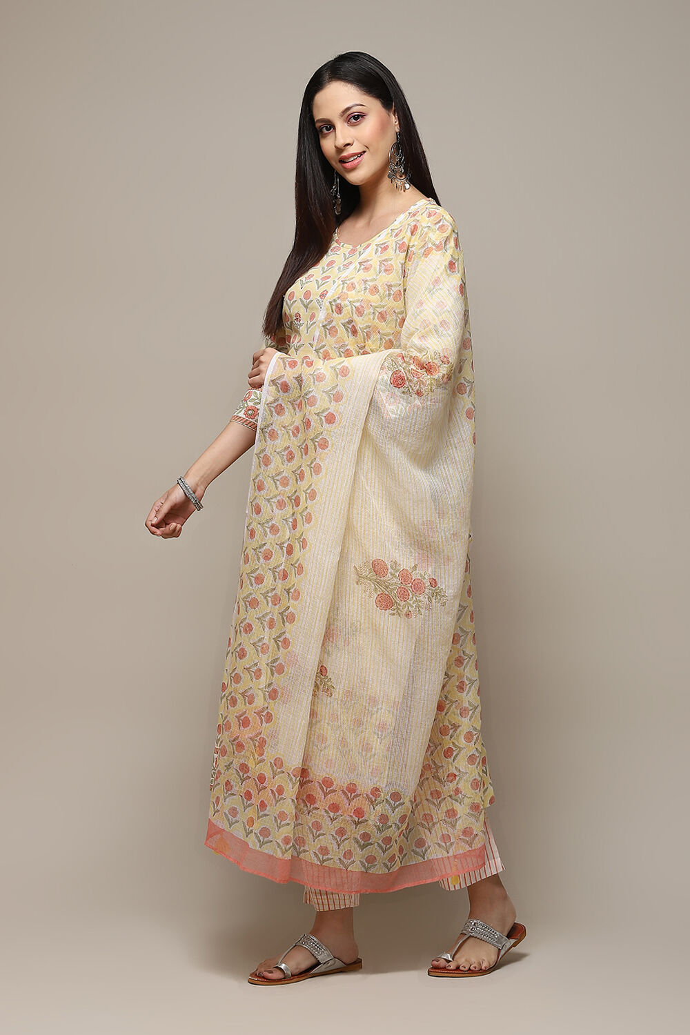 Yellow Cotton Hand Block Print Unstitched Suit Set image number 6