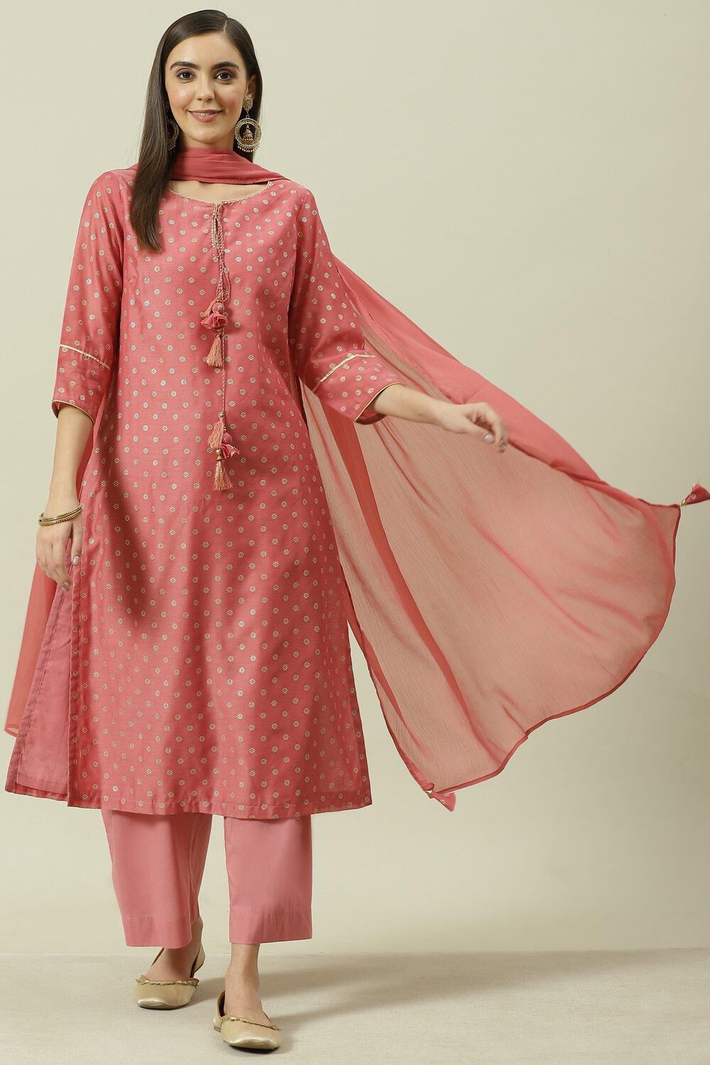 Dusky Pink Printed Straight Kurta Palazzo Suit Set image number 6