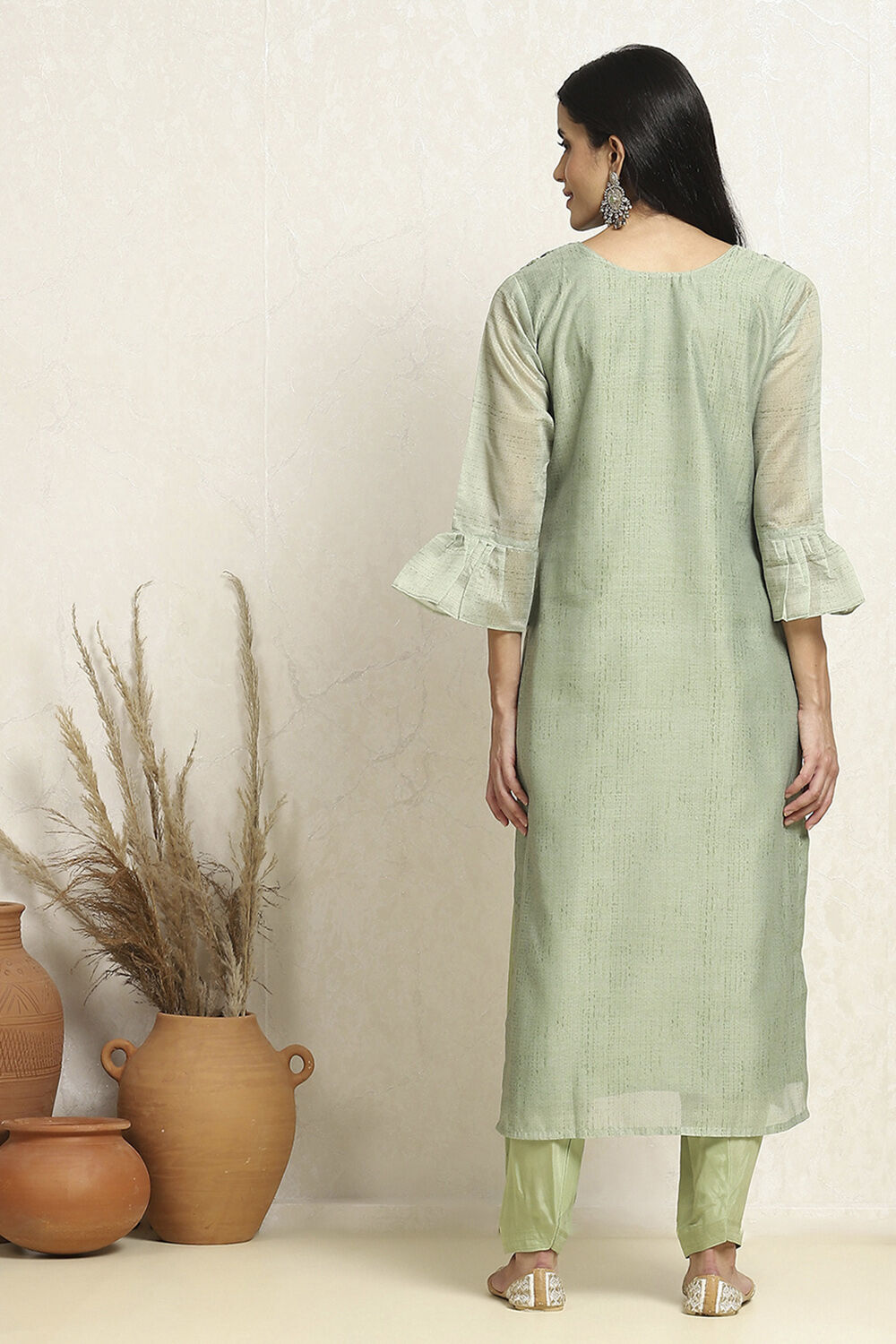 Green Chanderi Hand Embroidered Unstitched Suit Set image number 5