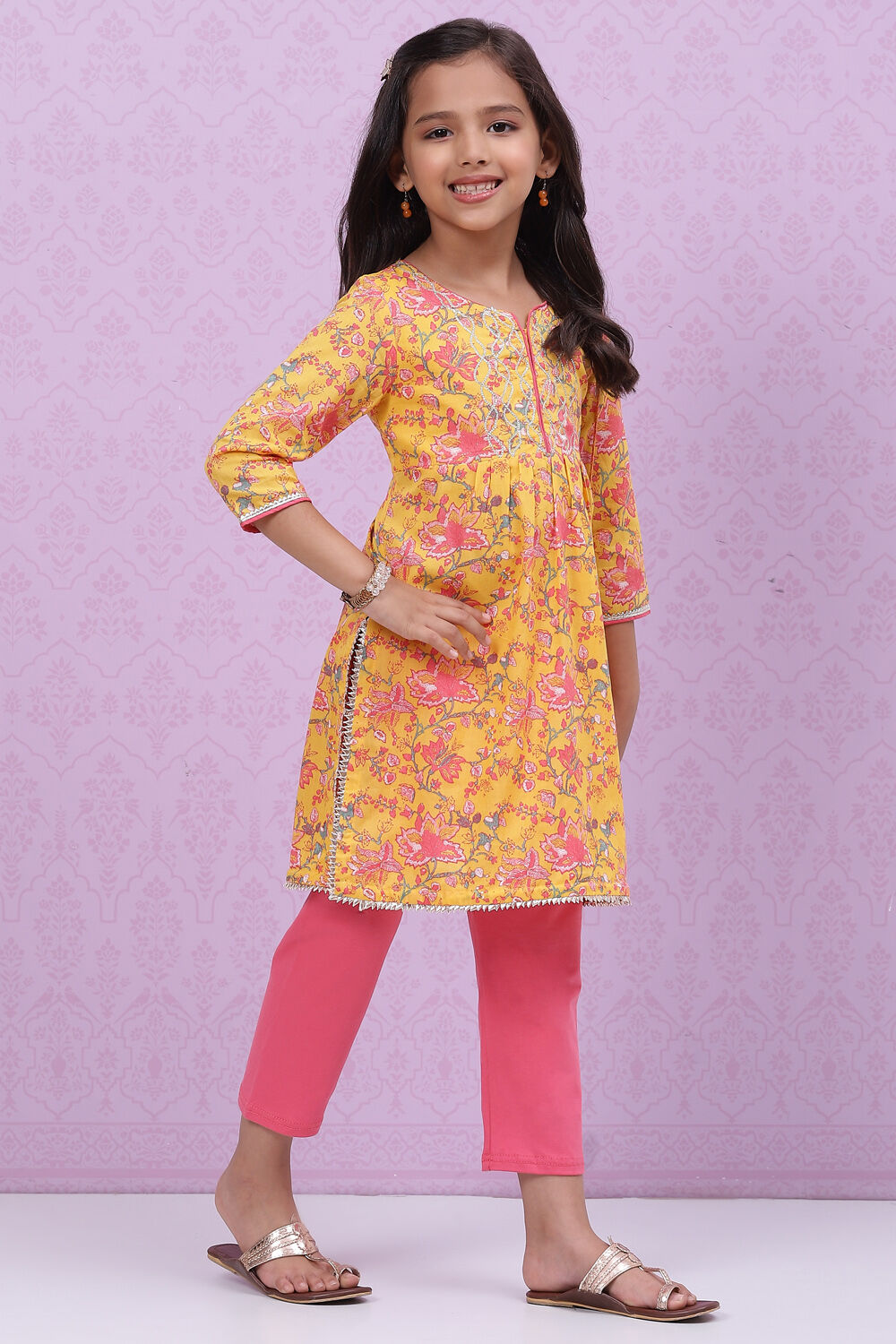 Yellow Cotton Flared Printed Kurta Set image number 6