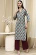 Teal Cotton Printed Straight Kurta image number 5