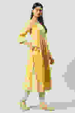 Yellow Poly Cotton Flared Printed Kurta image number 3