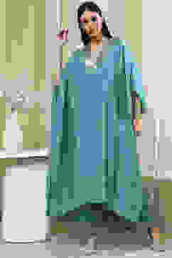 Teal Blue Solid Kaftan-Style Kurta Set image number 6