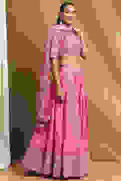 Coral Cotton Blend Embroidered Lehenga Set image number 5