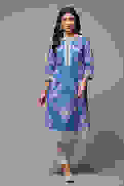 Blue Cotton Straight Printed Kurta image number 1