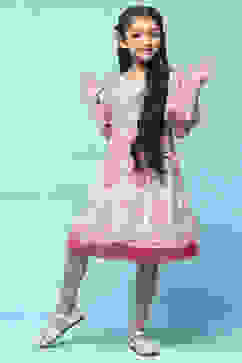 Pink Mosaic Printed Chiffon Dress With Smocking On Yoke image number 5