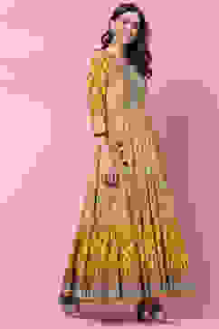 Mustard Cotton Flared Fusion Printed Dress image number 3