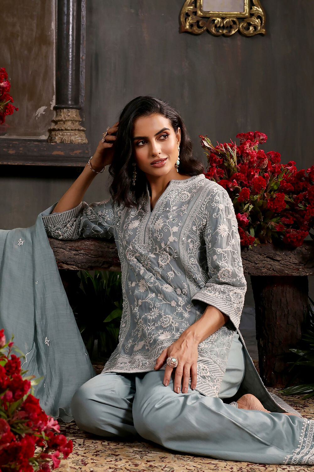 Earthy Blue Chanderi Embroidered Straight Suit Set image number 8