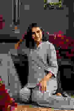 Earthy Blue Chanderi Embroidered Straight Suit Set image number 8