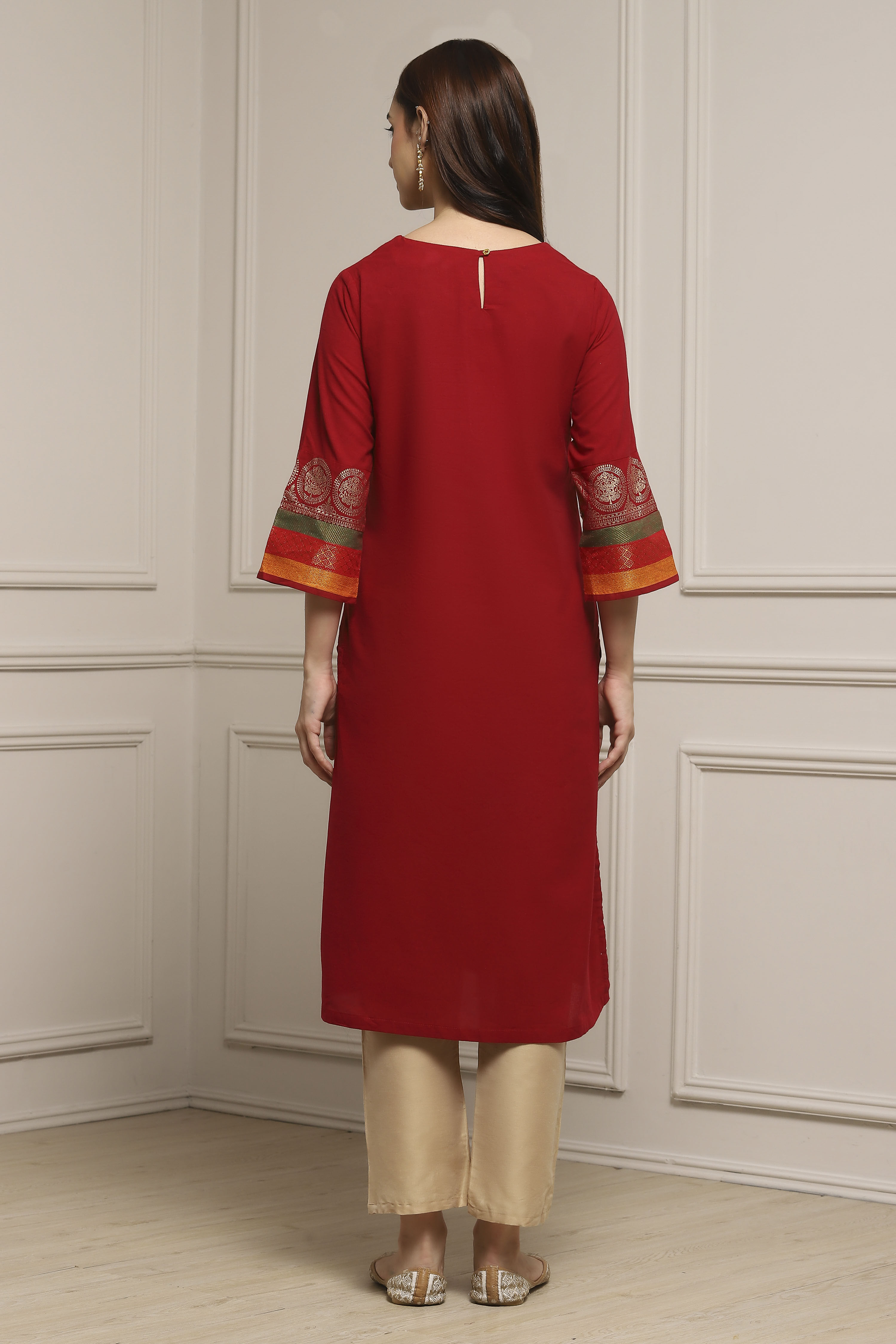 Red Cotton Straight Kurta image number 3
