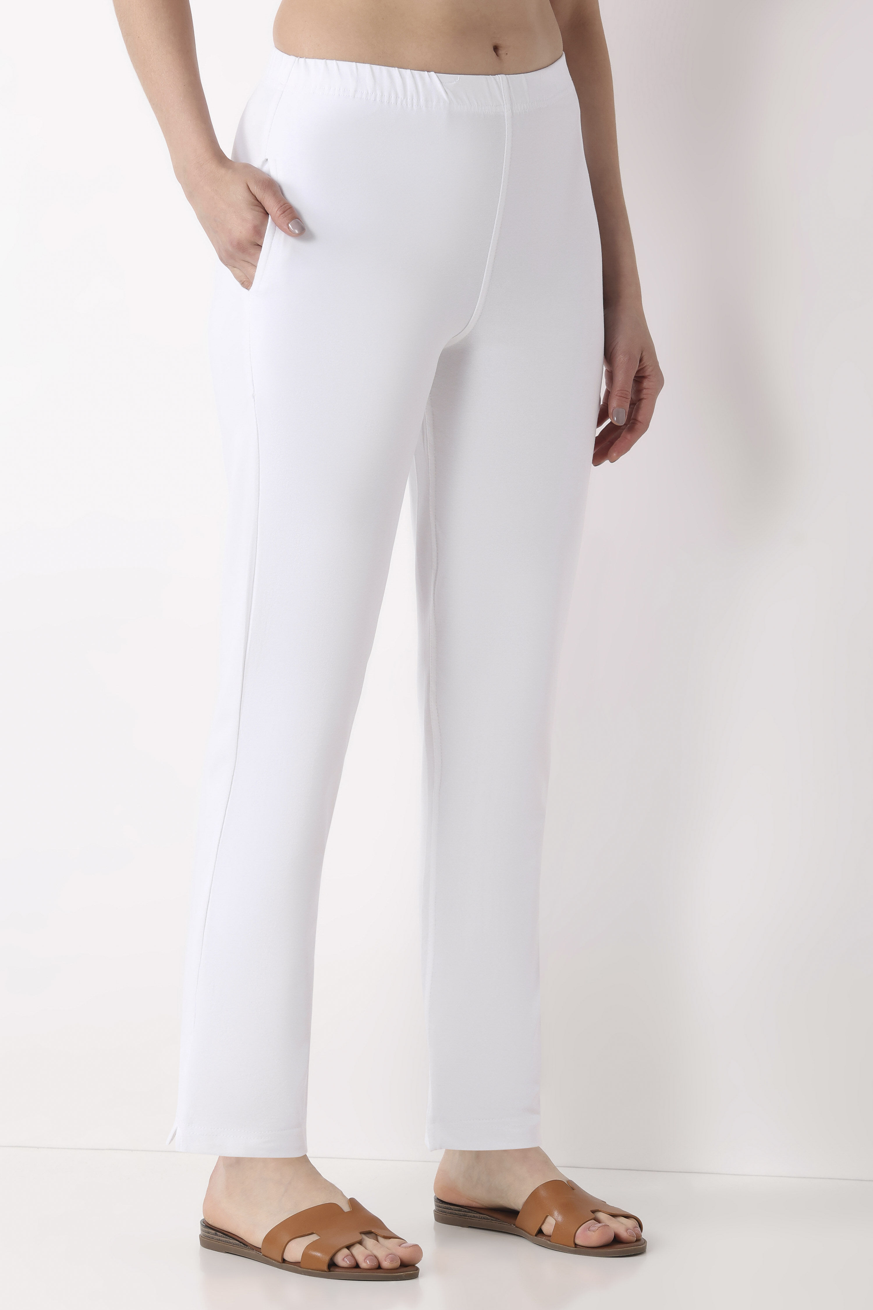 White Cotton Lycra Fitted Pants image number 3