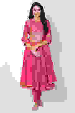 Coral Cotton Blend Flared Kurta Churidar Suit Set image number 0