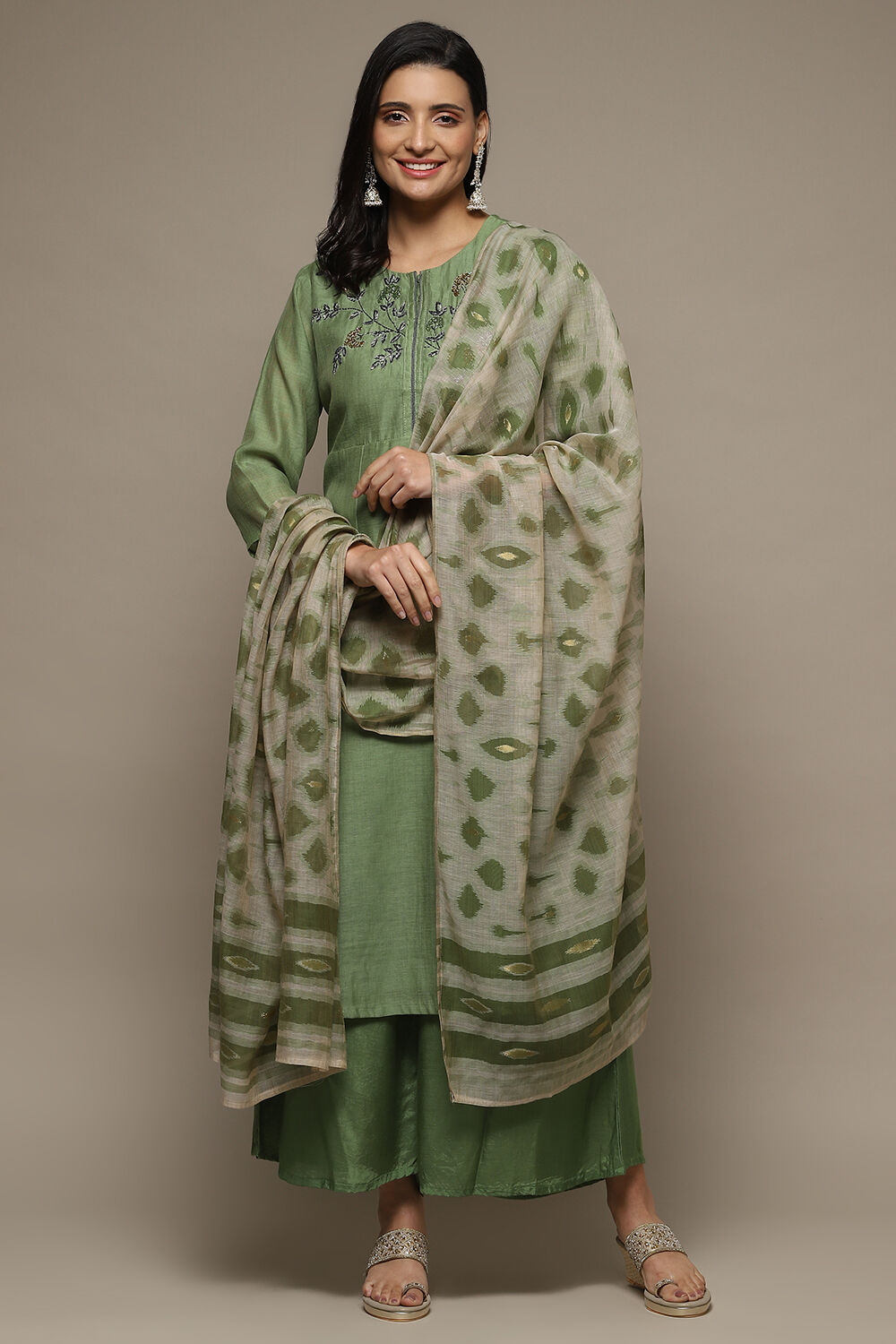 Green Cotton Machine Embroidered Unstitched Suit Set image number 8