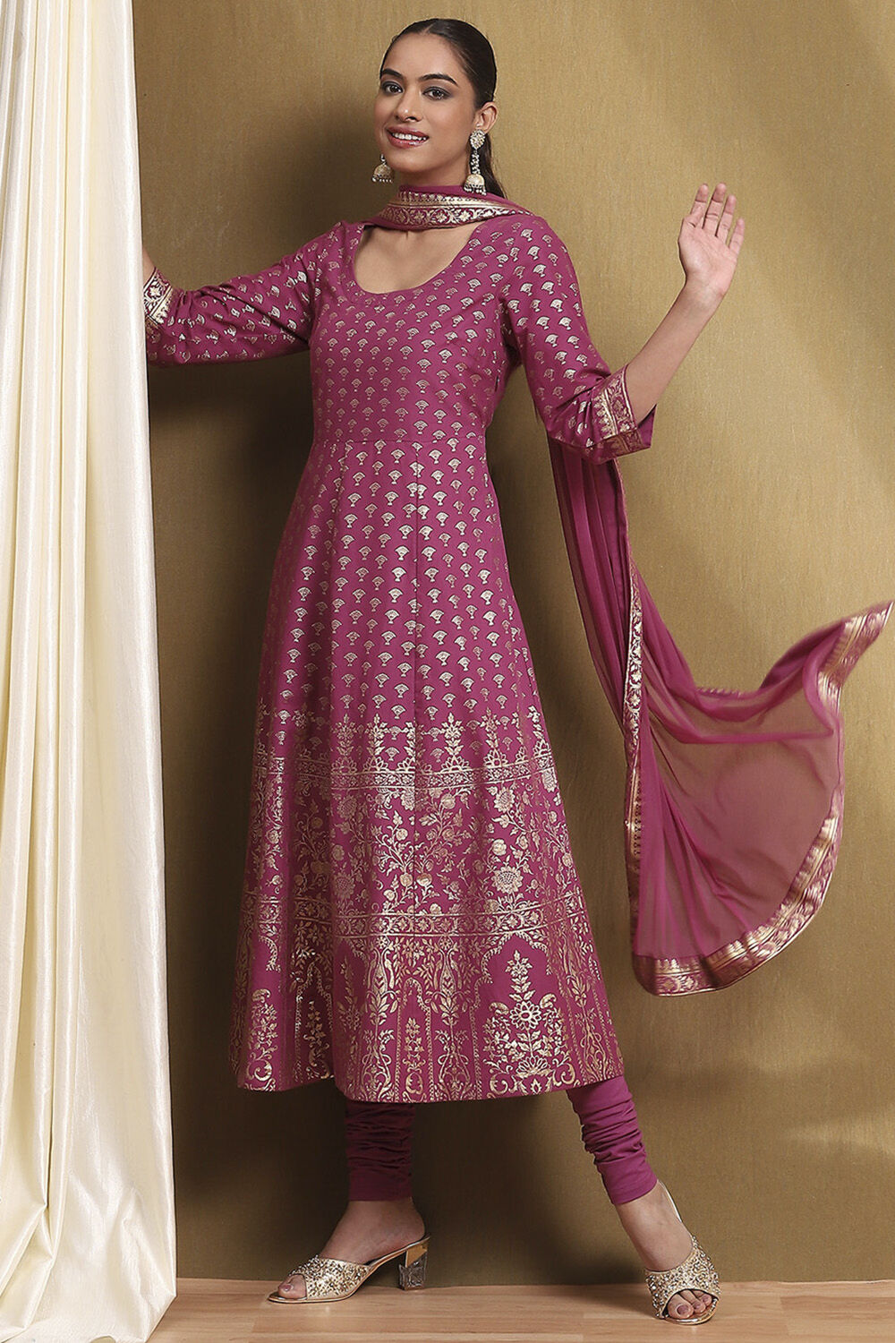 Plum Cotton Printed Anarkali Suit Set image number 0