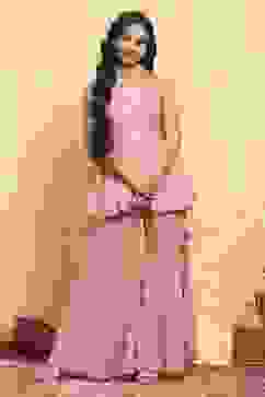 Peach Polyester Embroidered Straight Sharara Suit Set image number 6