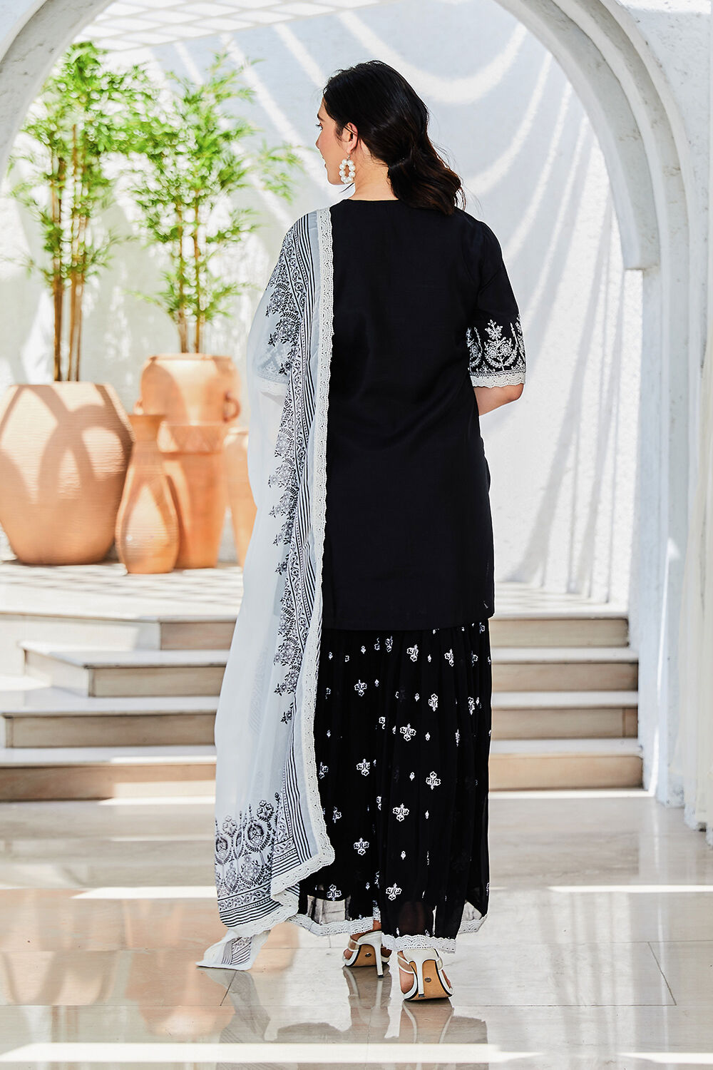 Black Embroidered Straight Kurti & Garara Suit Set image number 4