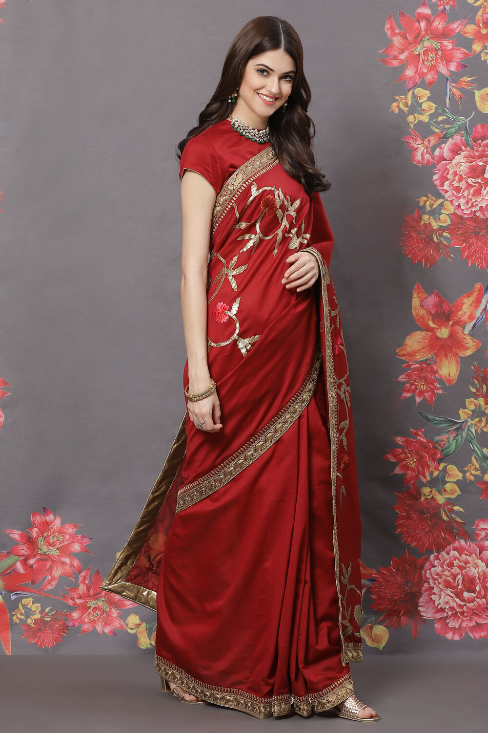 Rohit Bal Maroon Chanderi Silk Solid Saree With Blouse image number 2
