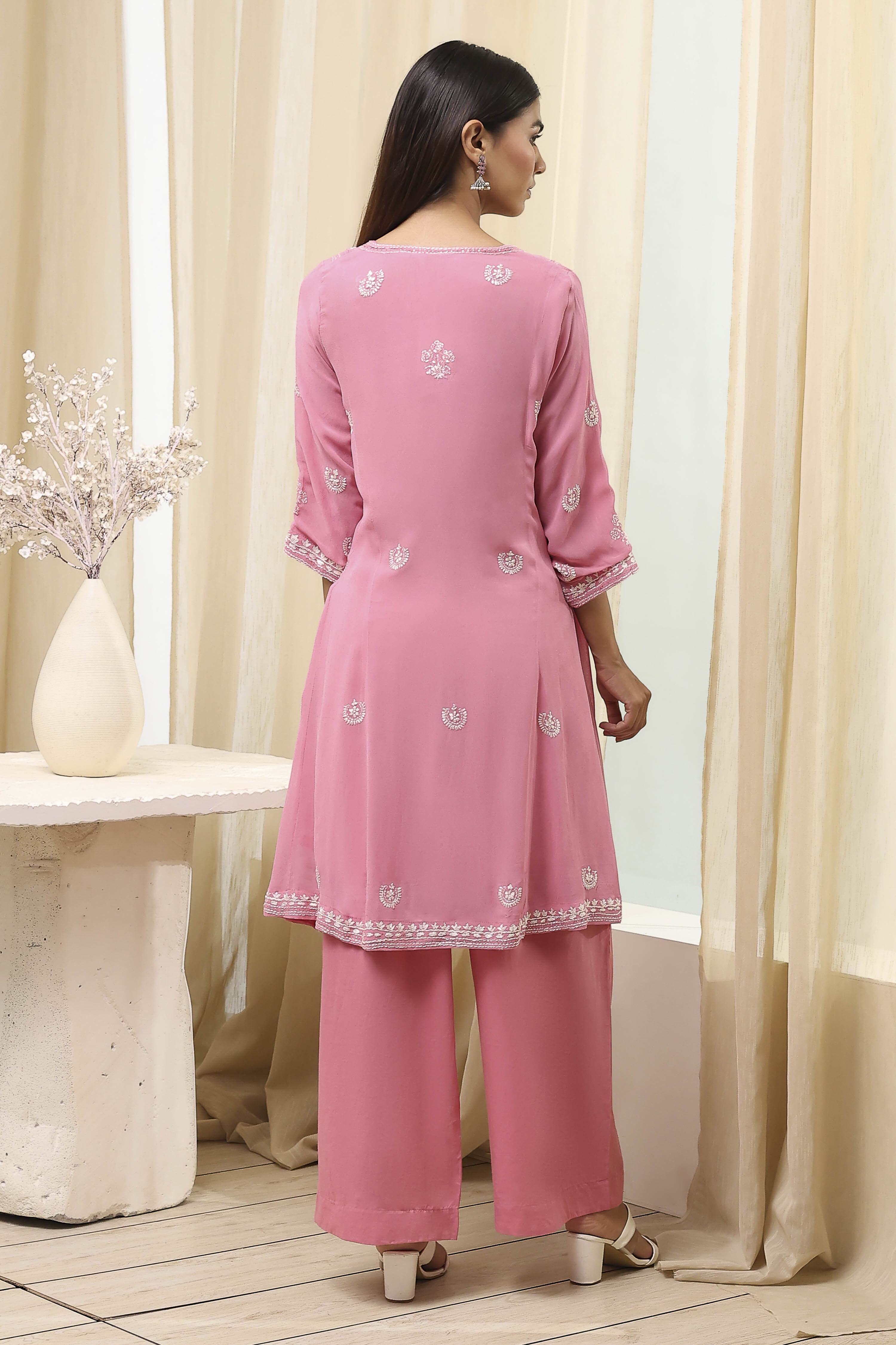 Pink Embroidered Kalidar Suit Set image number 4