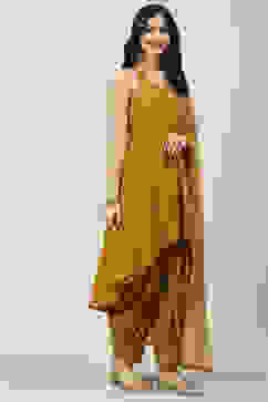 Mustard Art Silk Asymmetric Kurta Dhoti Salwar Suit Set image number 0