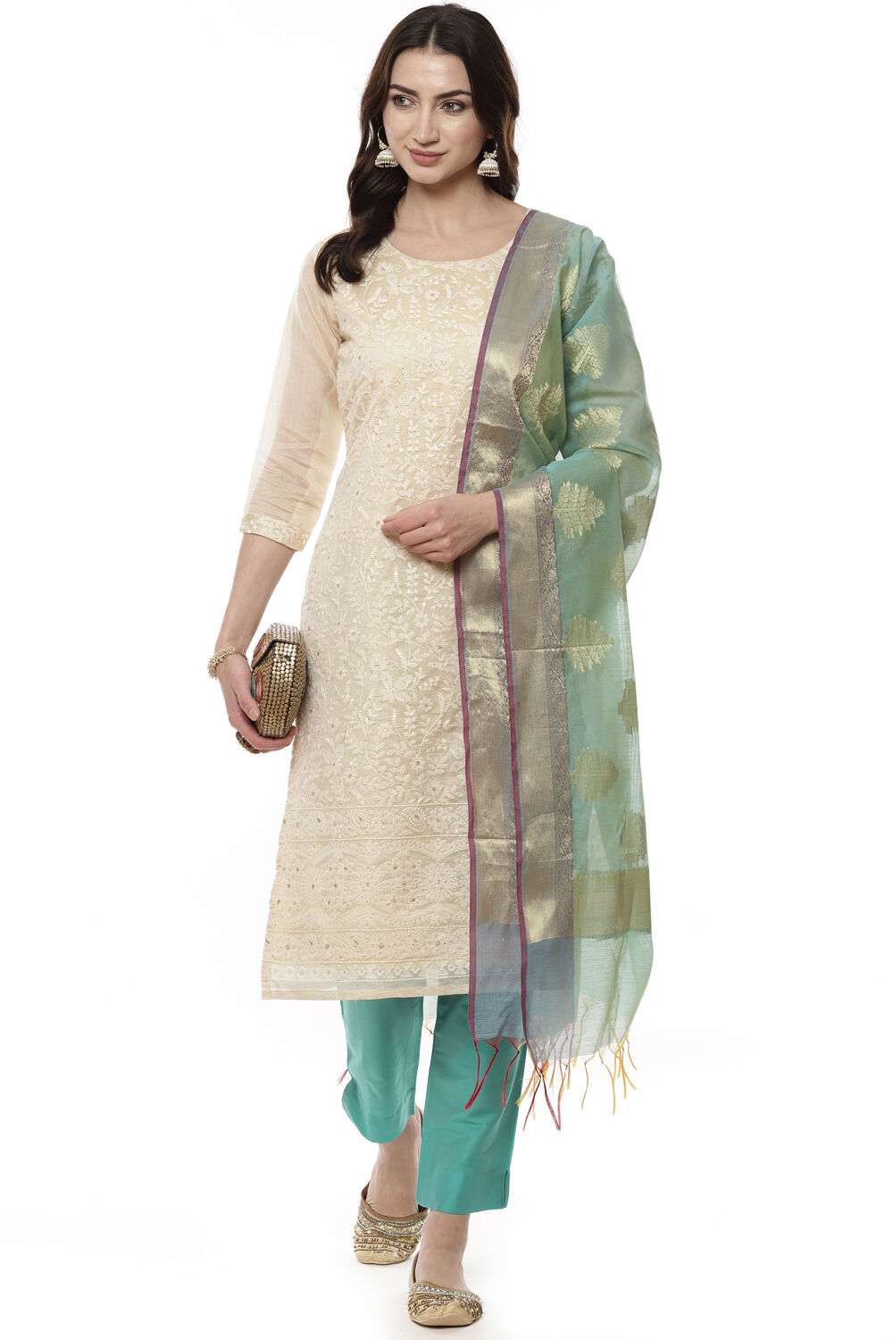 Beige Cotton Blend Machine Embroidered Unstitched Suit Set image number 7