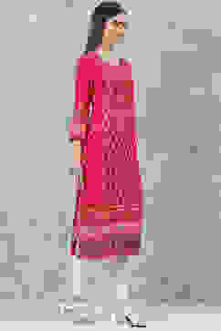 Pink LIVA Straight Printed Kurta image number 3