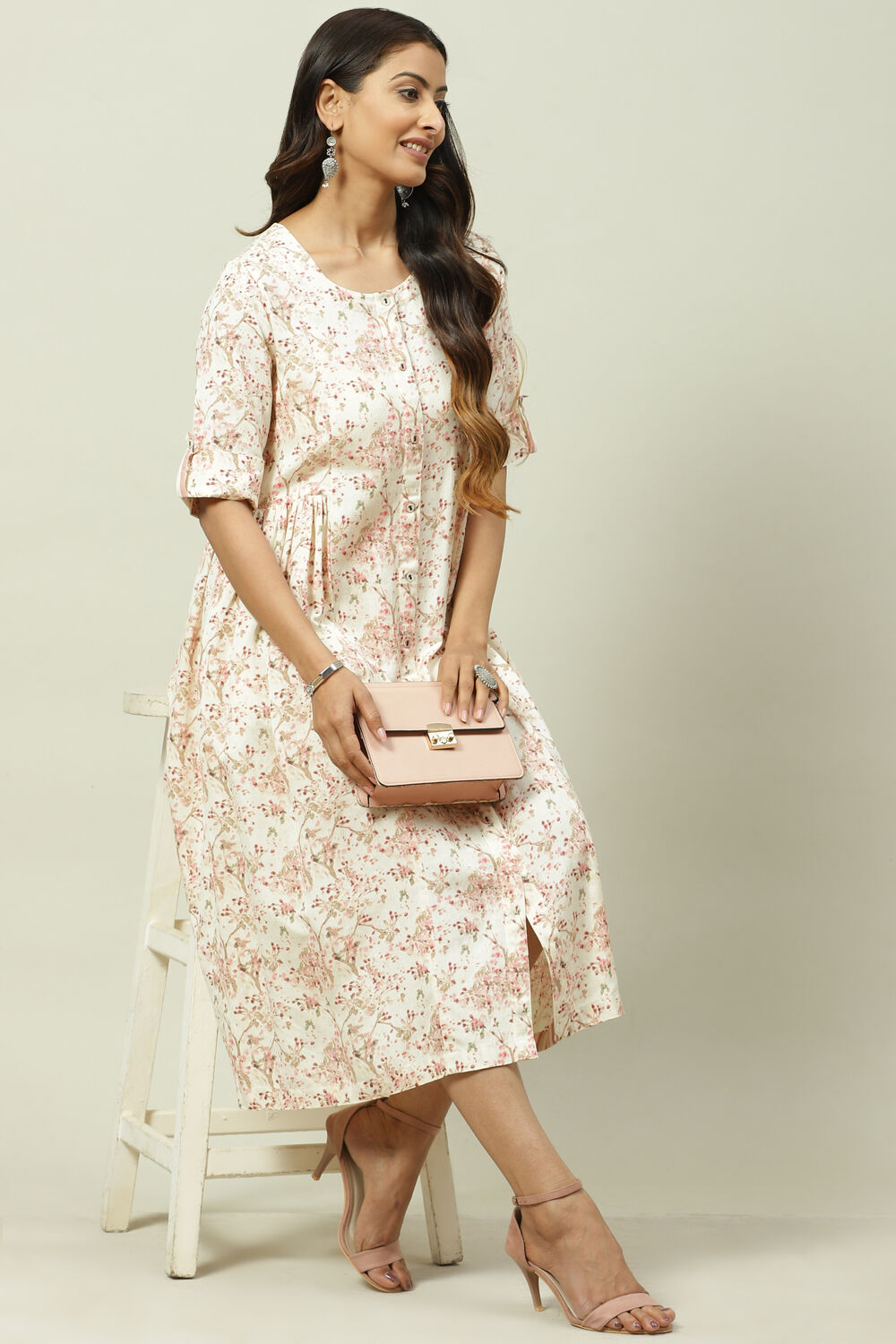 Natural LIVA Flared Printed Dress image number 5