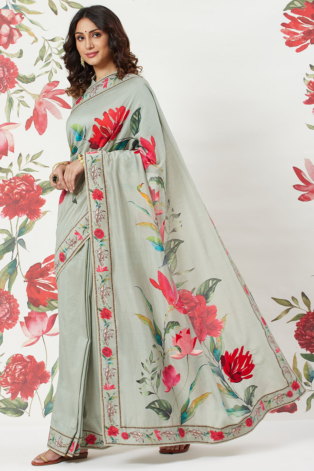 Green Chanderi Silk Printed Saree With Blouse image number 2