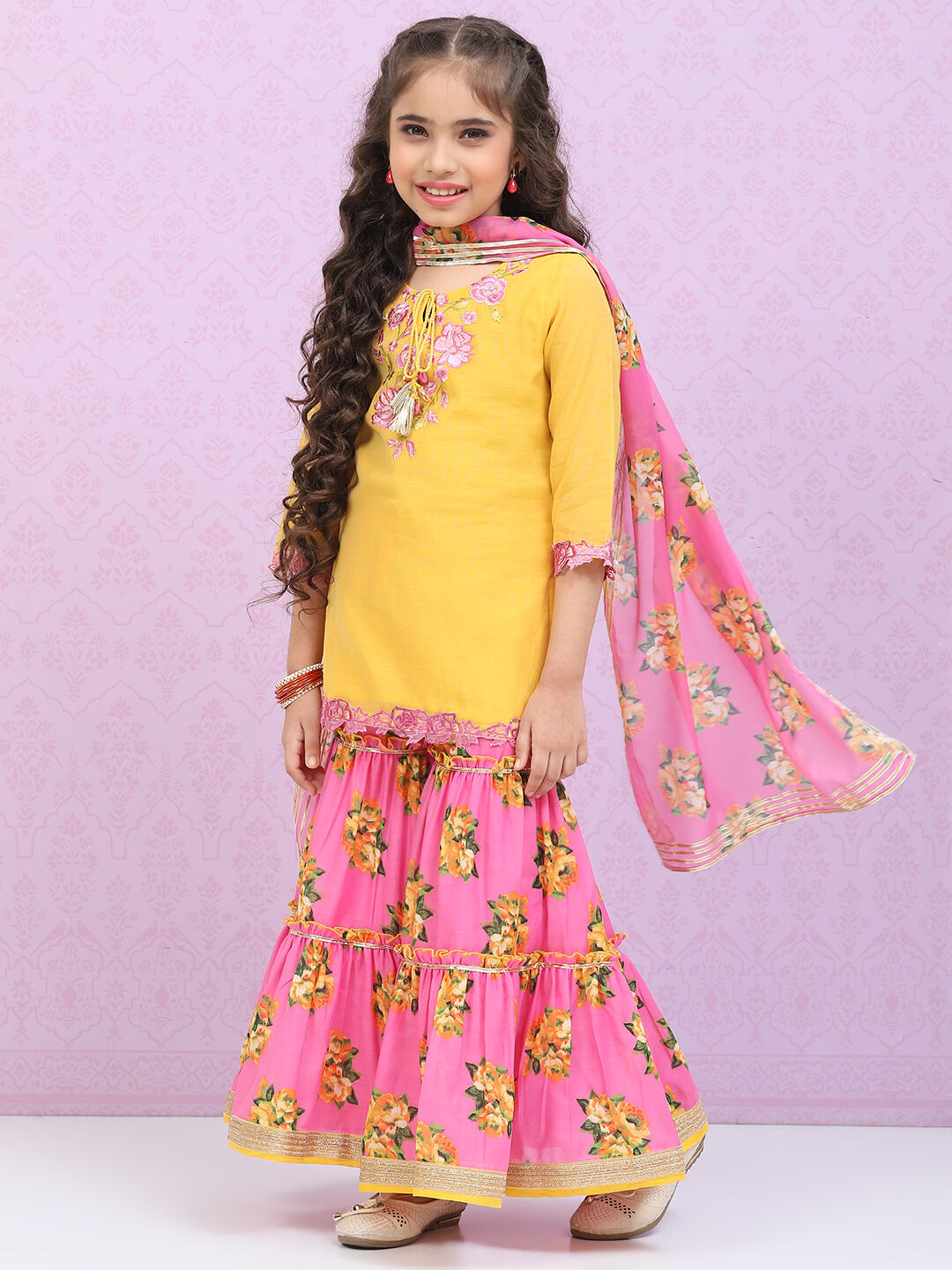 Yellow & Violet Art Silk Straight Kurta Garara Suit Set image number 5