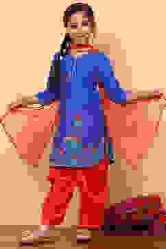 Blue and Red Cotton Printed Straight Suit Set image number 0