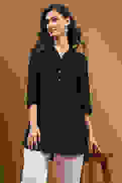 Black Solid Shirt Collar Straight Short Kurti image number 2