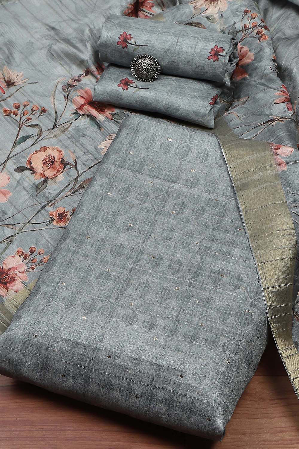 Grey Silk Tussar Handloom Unstitched Suit Set image number 0