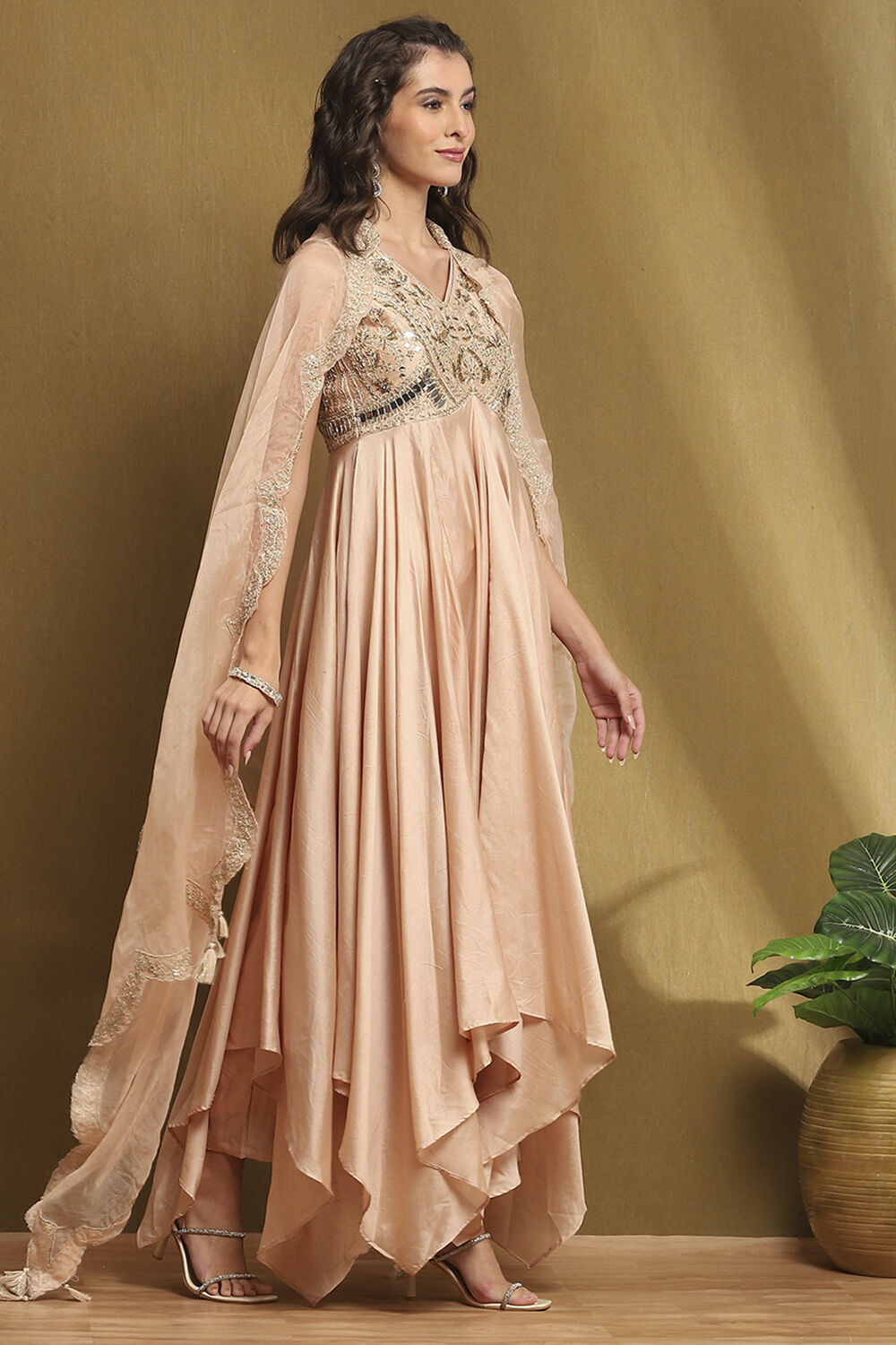 Beige Silk Chanderi Embroidered Asymmetric Suit Set image number 5