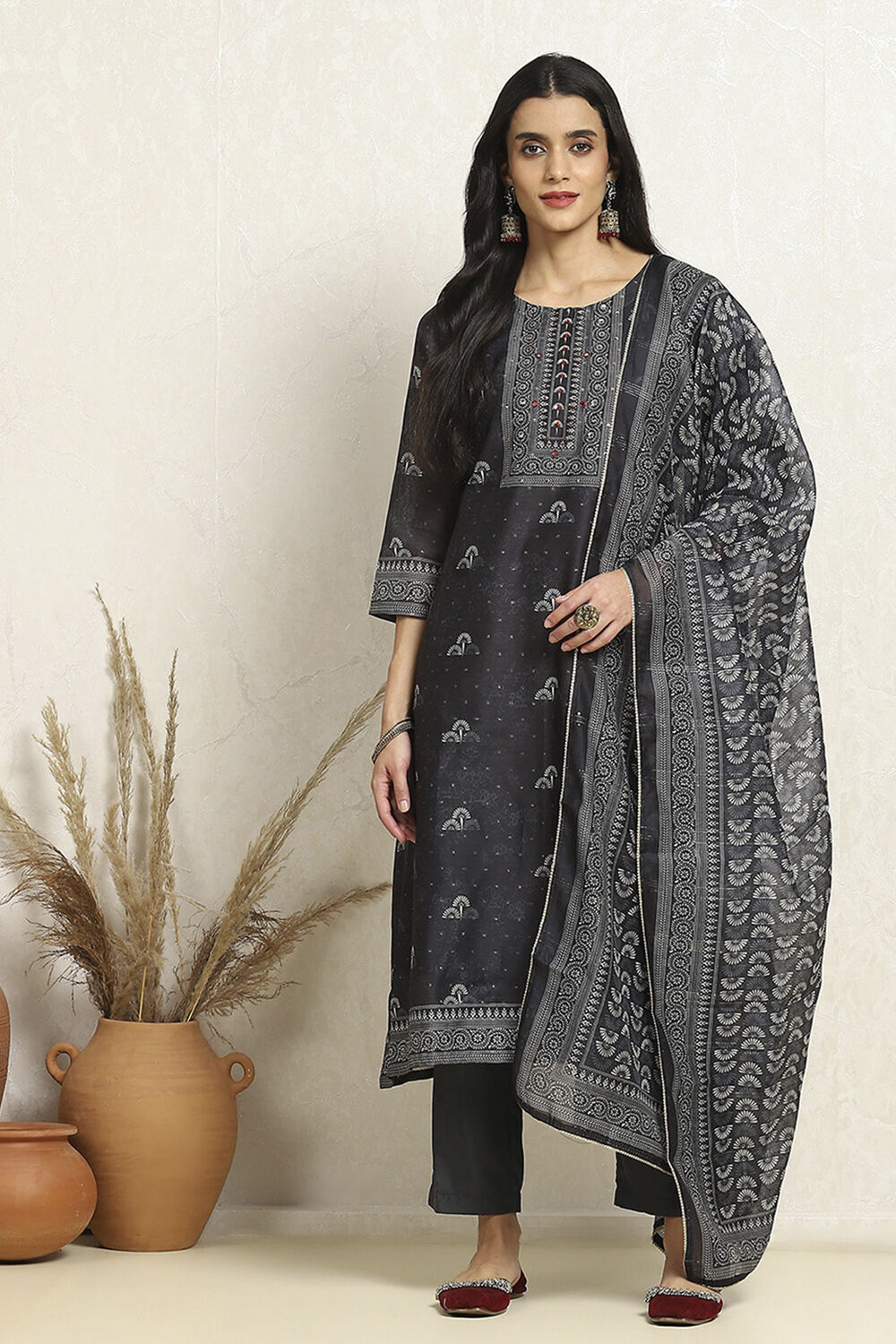 Charcoal Chanderi Floral Printed Unstitched Suit Set image number 1