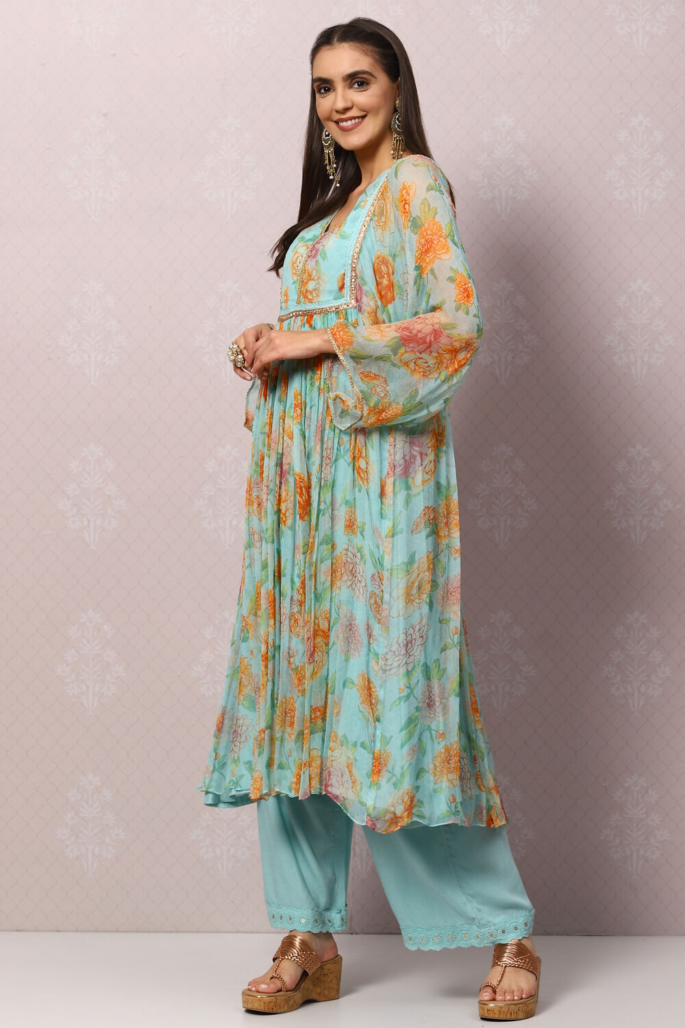 Sea Green Viscose Flared Kurta Palazzo Suit Set image number 5