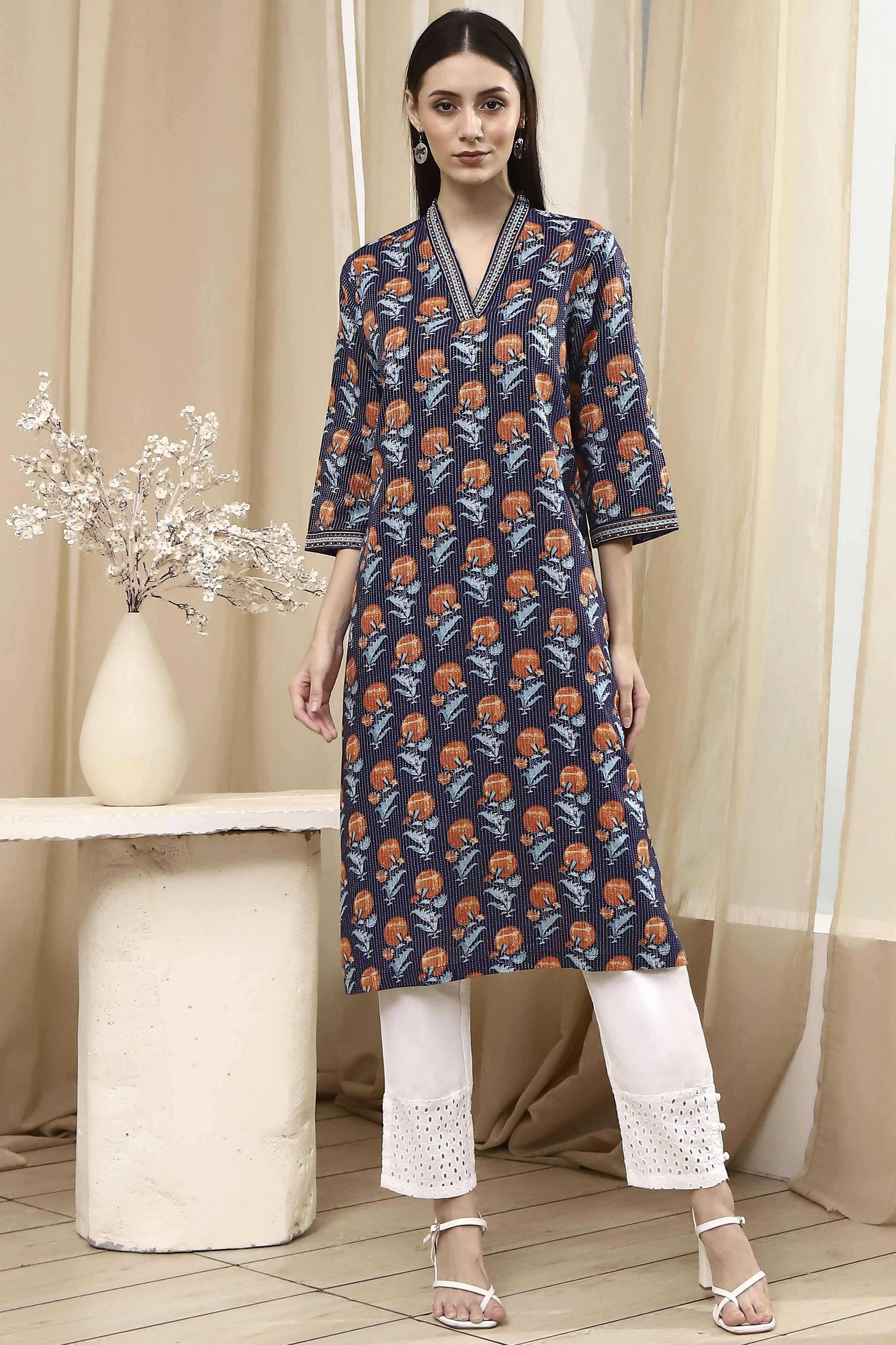 Teal Cotton Printed Straight Kurta image number 5