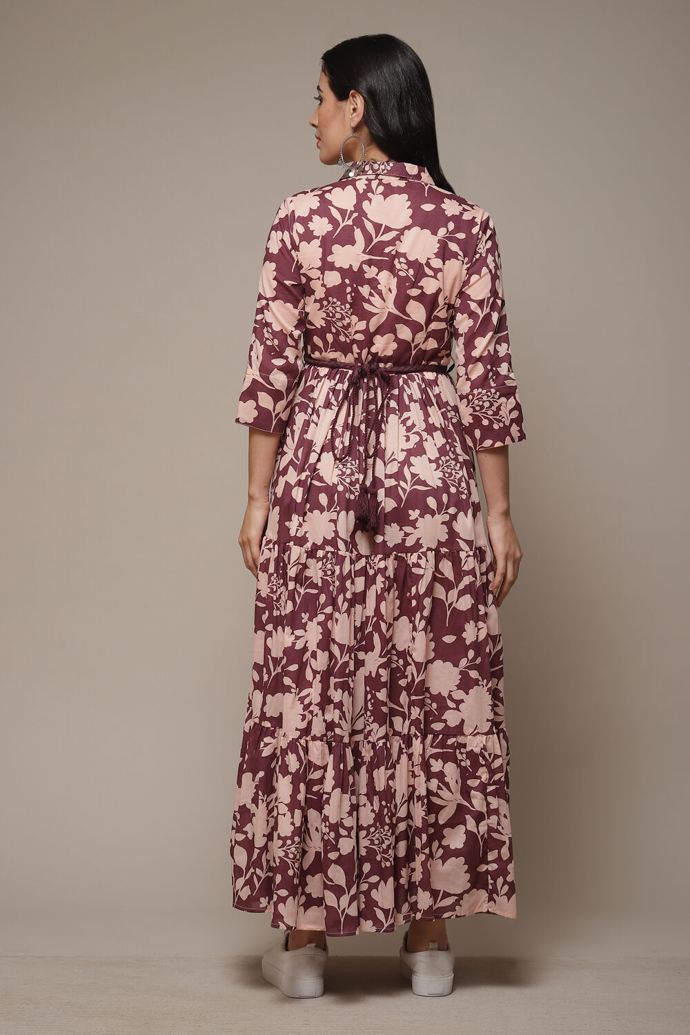 Beige Cotton Tiered Printed Dress image number 2