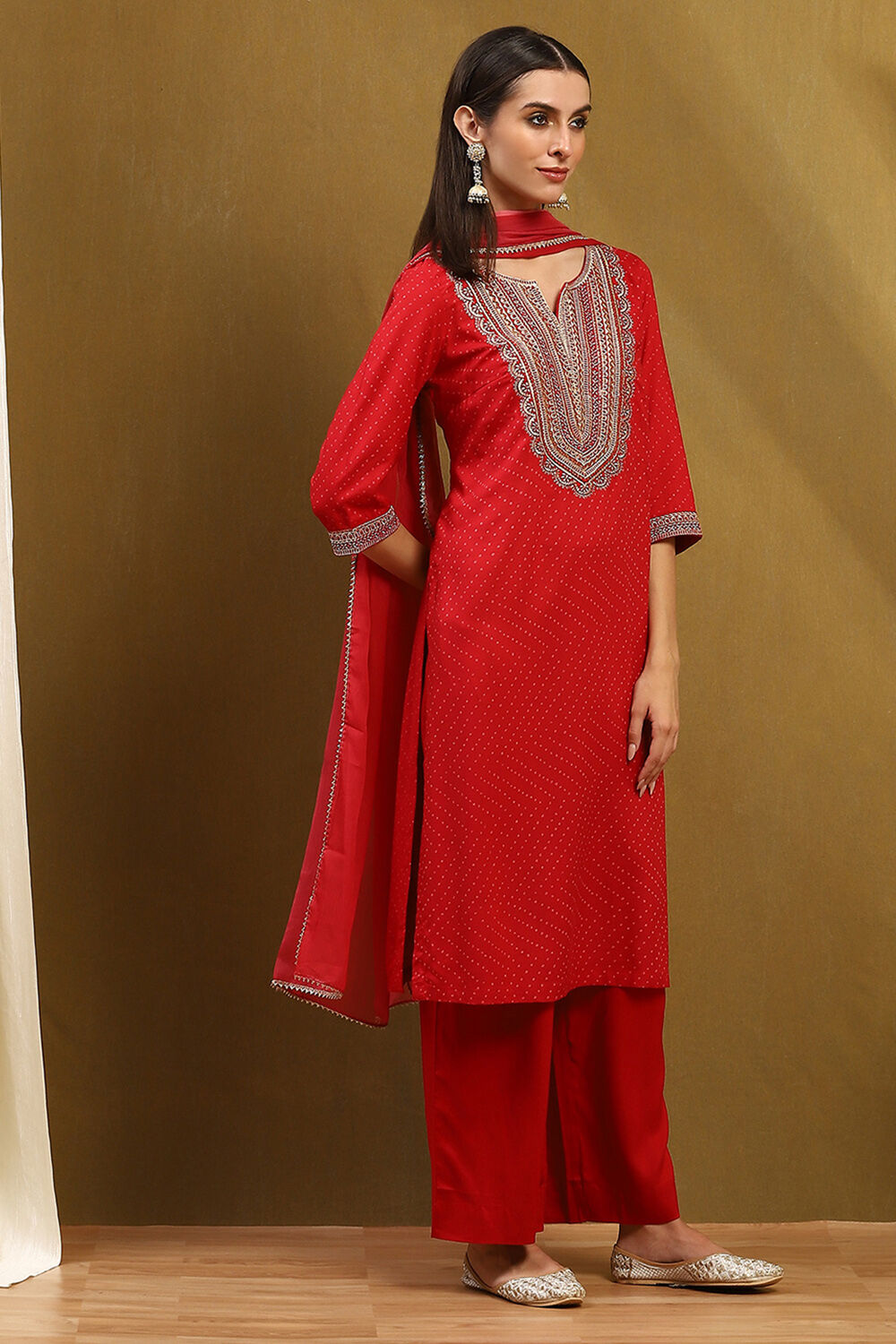 Cherry Red Bandhani Printed Straight Suit Set image number 5