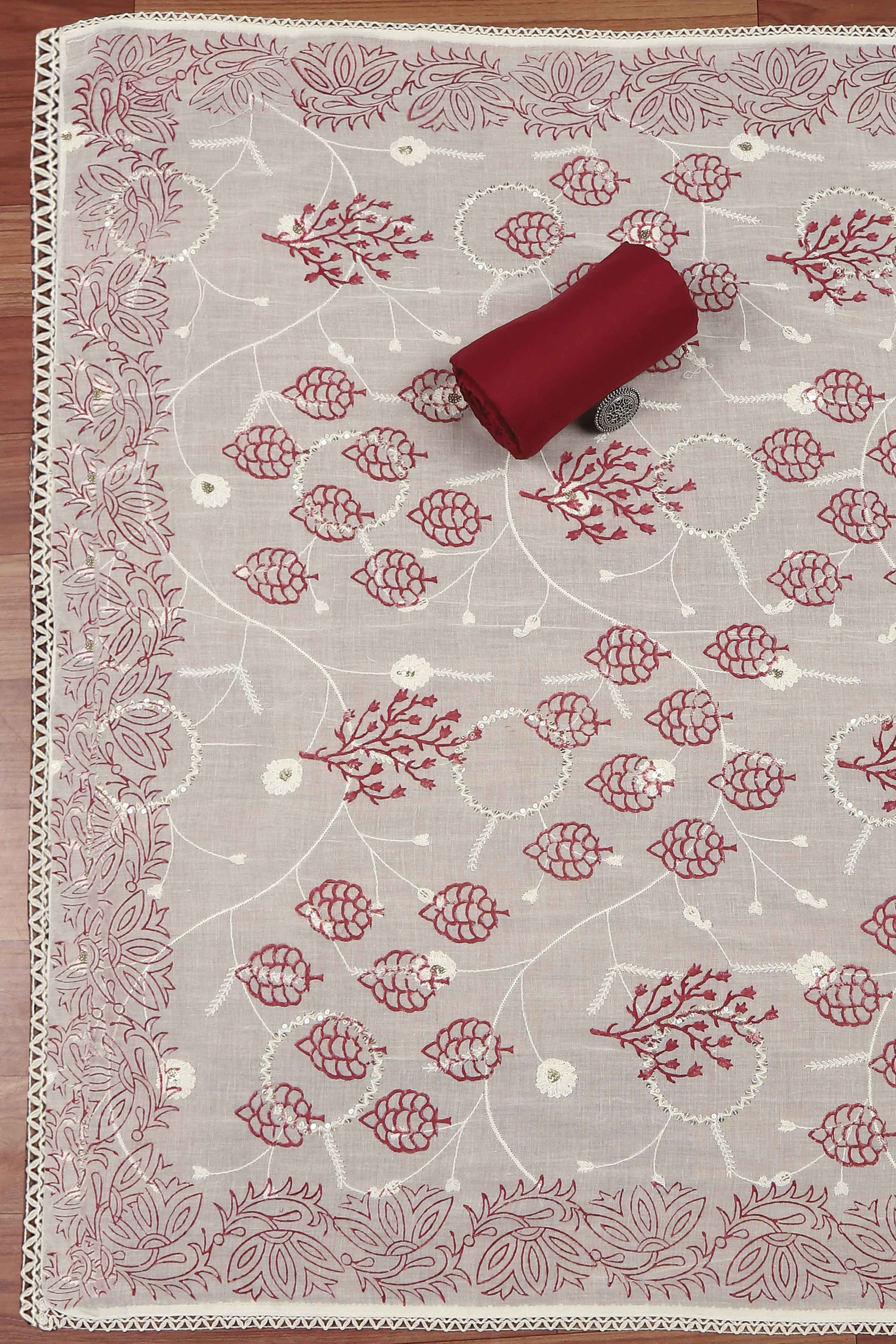 Red Cotton Printed Embroidered Unstitched Suit Set image number 3