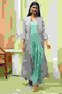 Turquoise Printed Layered Cape Dress image number 6