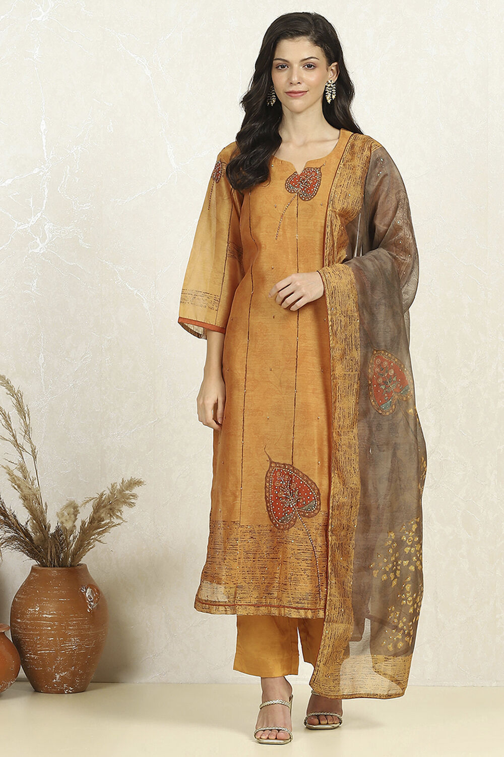 Rust Chanderi Unstitched Suit Set image number 7