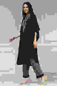 Black Modal Solid Kaftan Fusion Kurta Set image number 3