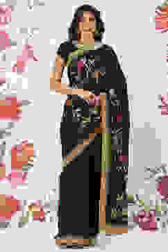 Rohit Bal Black Chanderi Silk Solid Saree With Blouse image number 2