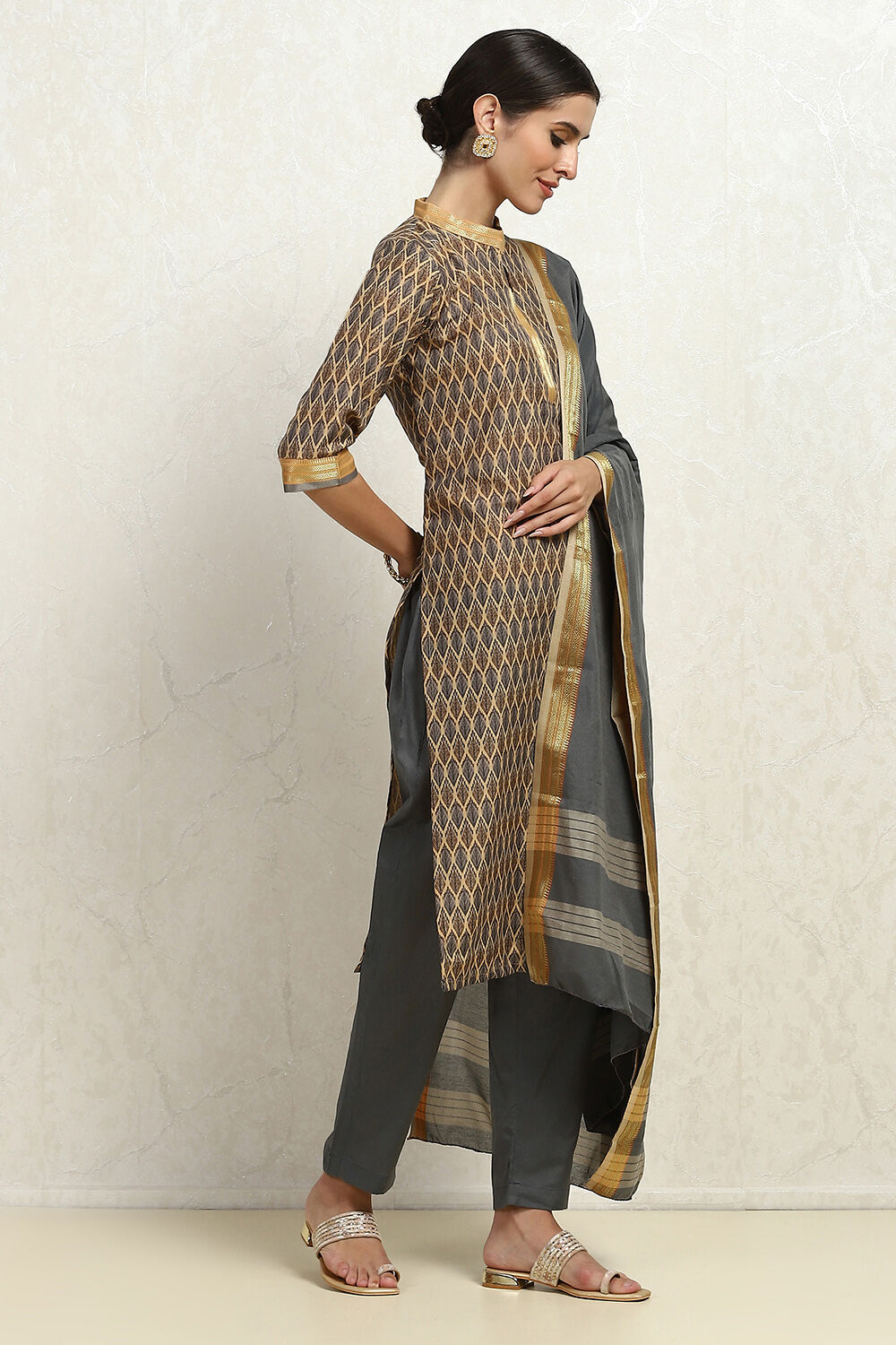 Grey Cotton Handloom Unstitched Suit Set image number 6