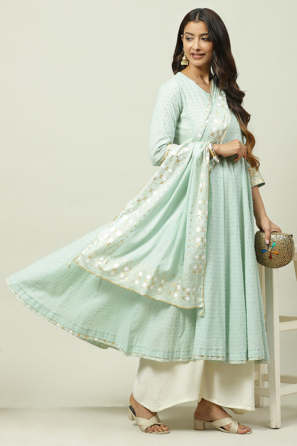 Sea Green Cotton Flared Kurta image number 6