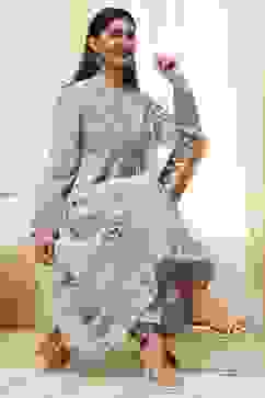 Dull Blue Cotton Flared Printed Kurta Set image number 0