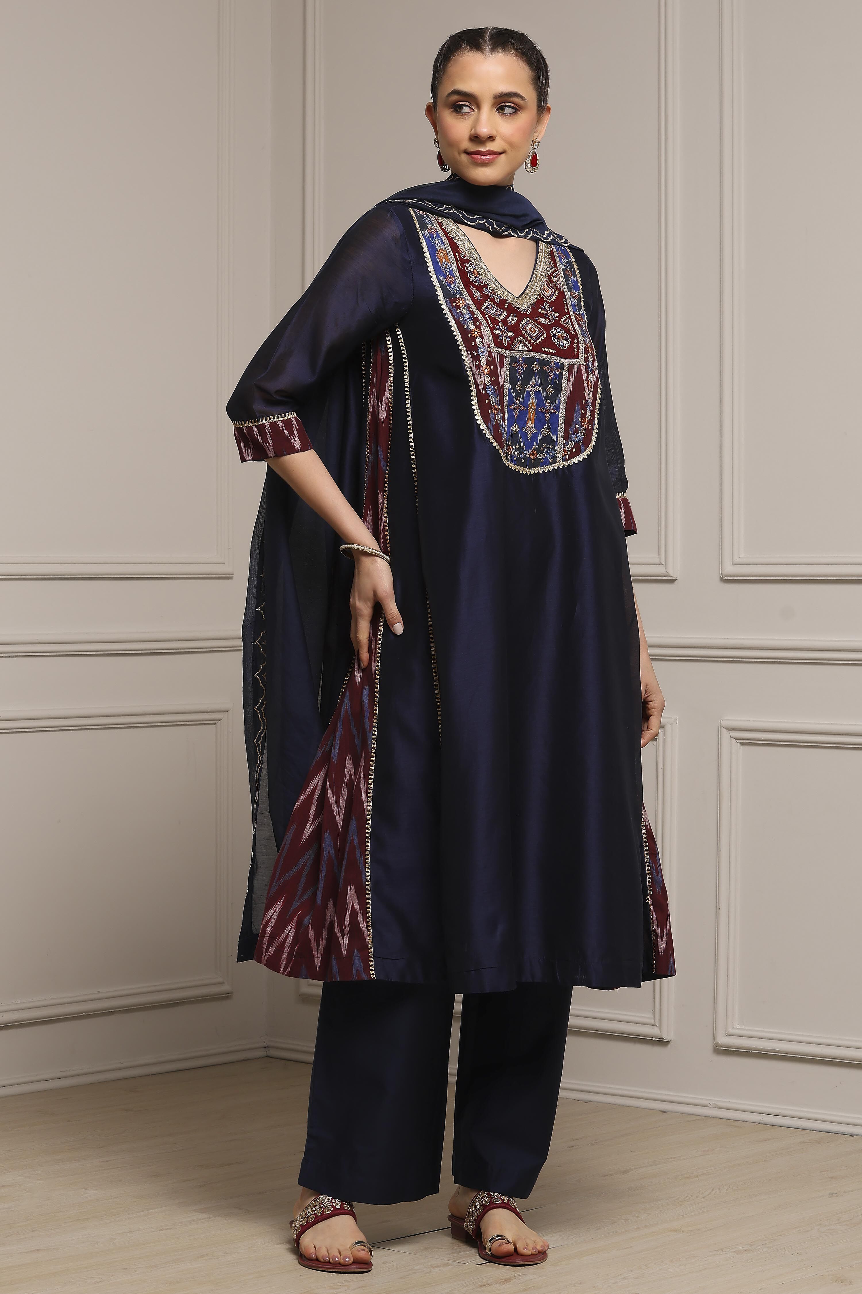 Blue Silk Chanderi Printed Embroidered A-Line Kurta Set image number 5