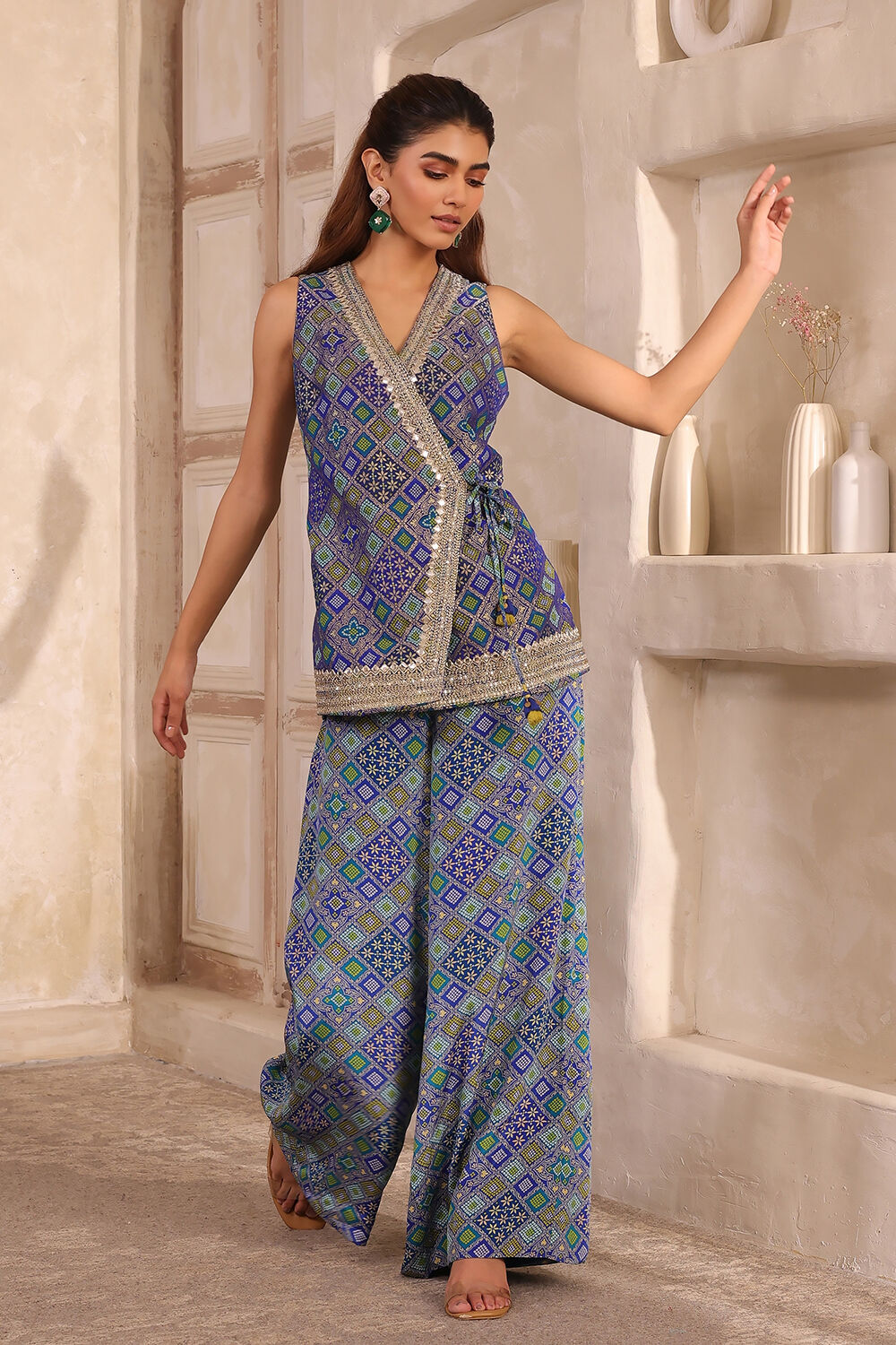 Blue Chanderi Front Open Printed Co-ord Set image number 0
