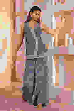 Blue Chanderi Front Open Printed Co-ord Set image number 0