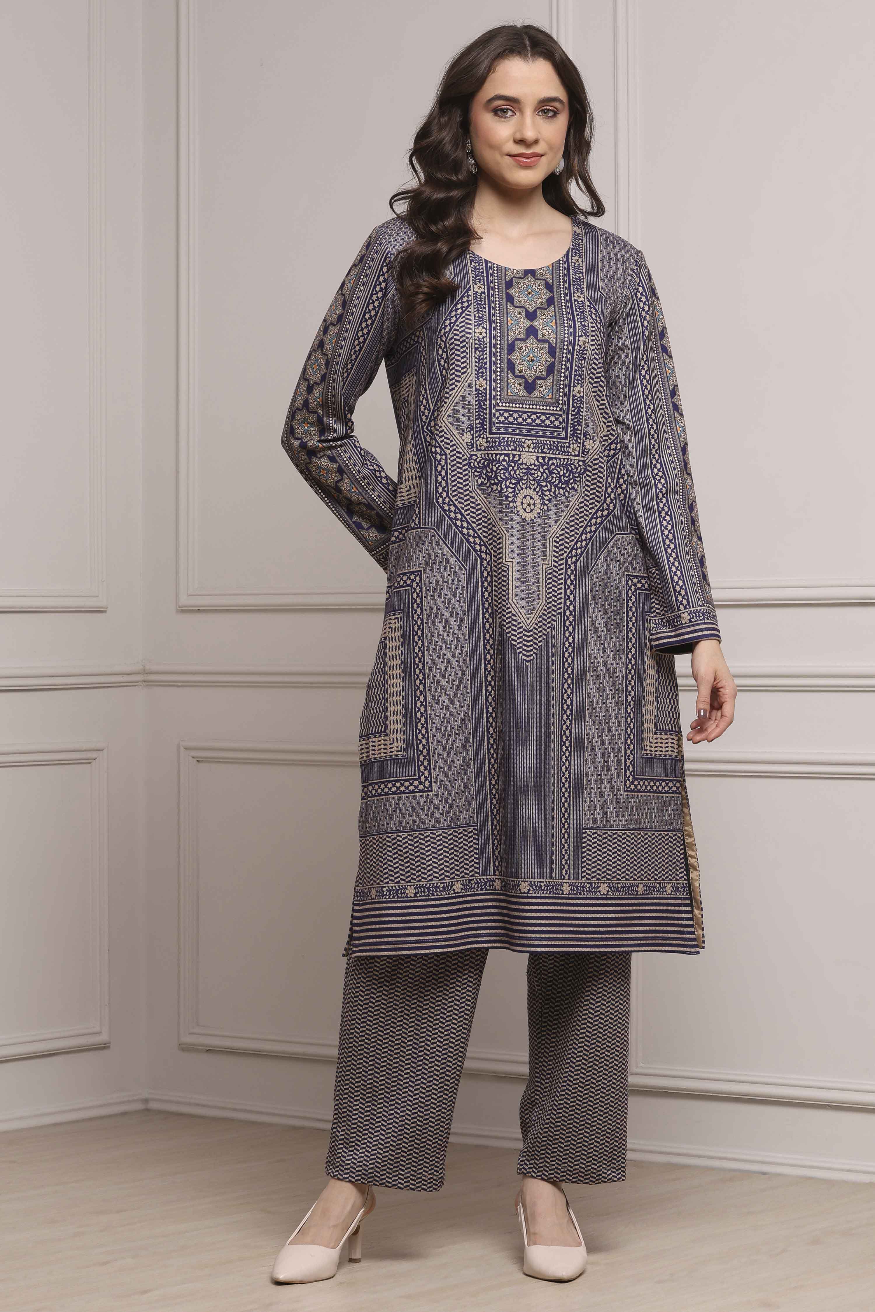 Blue Polyester Straight Printed Kurta Set image number 6